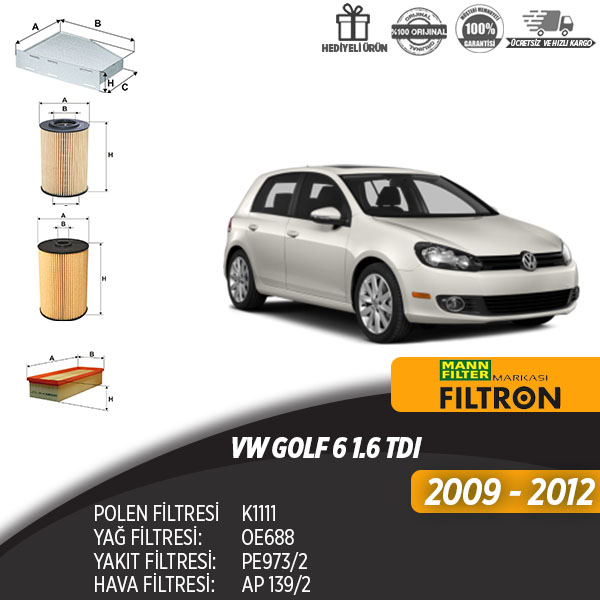 En Uygun Filtre - Volkswagen Golf 6 1.6 Tdi Filtre Seti ( Dörtlü)